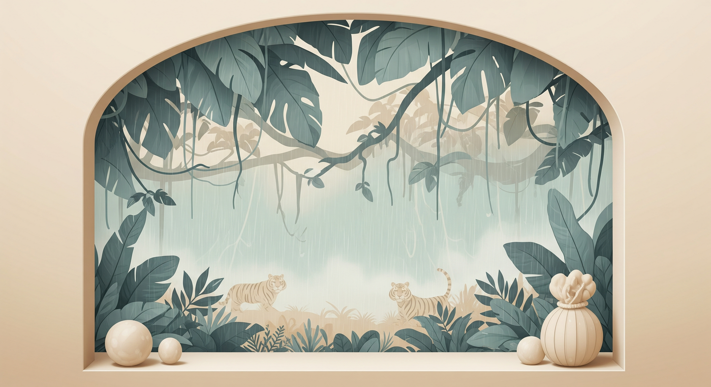 Kids-Mundo flat artwork of an arched jungle niche with two tigers among misty foliage