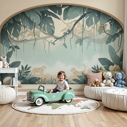 Kids-Mundo misty jungle tiger arch wall mural styled in a calm sage-toned nursery