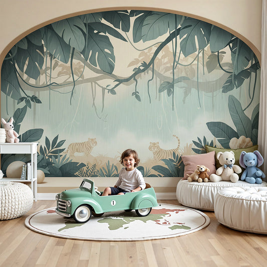 Kids-Mundo misty jungle tiger arch wall mural styled in a calm sage-toned nursery