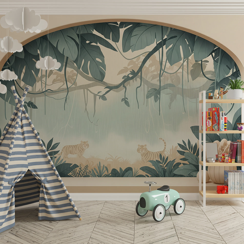 Kids-Mundo misty jungle wall mural with wandering tigers in a playroom setting