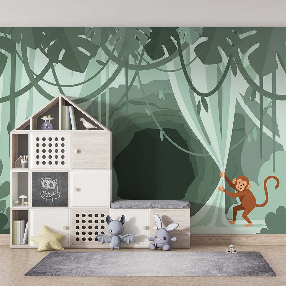 Kids-Mundo misty jungle cave wall mural behind a single bed in a child's jungle-themed bedroom.