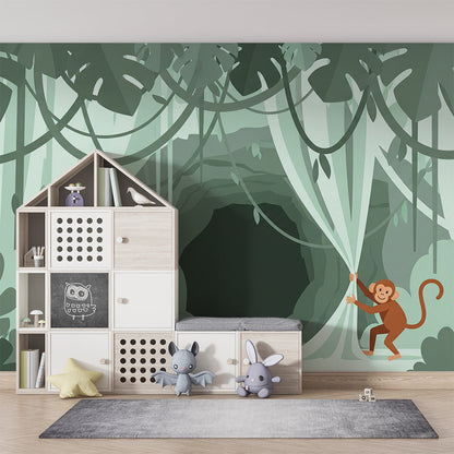 Kids-Mundo misty jungle cave wall mural behind a single bed in a child's jungle-themed bedroom.