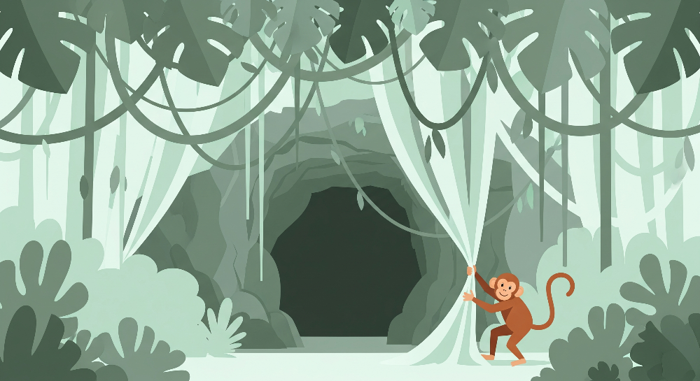 Monkey Parting Jungle Vines by a Hidden Cave Wall Mural
