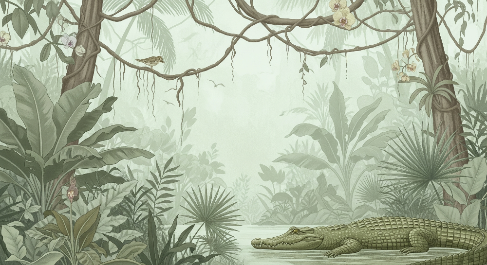 Peaceful Crocodile in a Misty Jungle Swamp Wall Mural