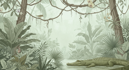 Kids-Mundo flat artwork of a peaceful crocodile resting in a misty, muted-green jungle swamp.