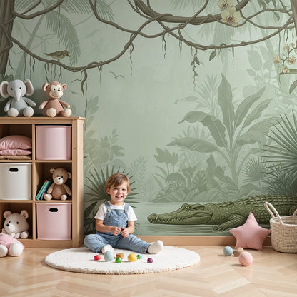 Kids-Mundo misty jungle crocodile wall mural made to measure for a calm nursery wall.