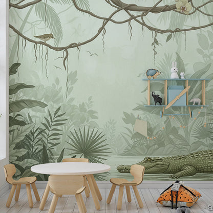 Kids-Mundo misty jungle wall mural bringing calm, muted greens to a playroom feature wall.