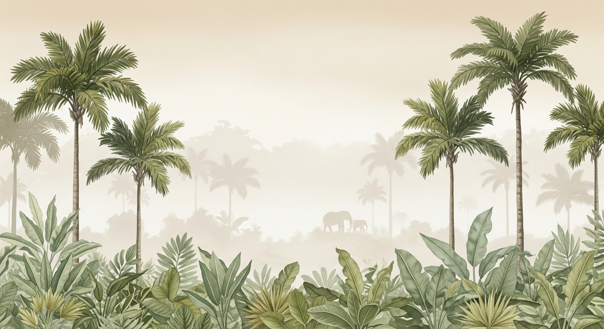 Kids-Mundo misty jungle design with palm trees and elephant silhouettes in sage tones