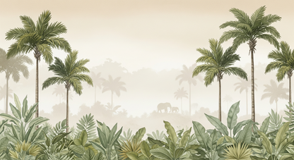 Kids-Mundo misty jungle design with palm trees and elephant silhouettes in sage tones