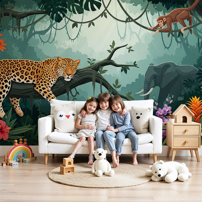 Kids-Mundo misty jungle wall mural with leopard and elephant shown in a nursery room