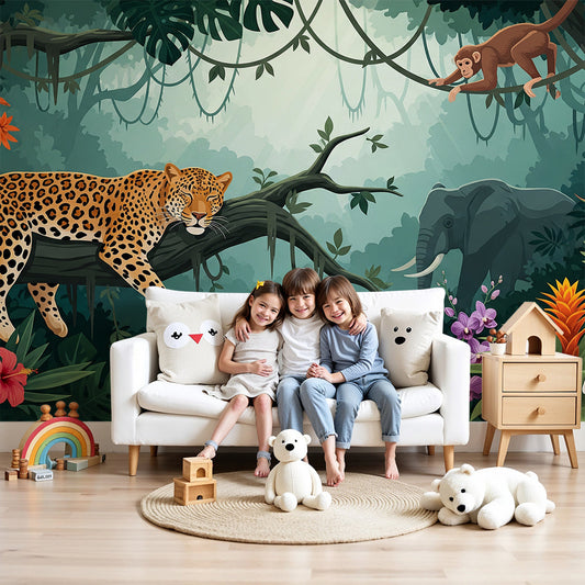 Kids-Mundo misty jungle wall mural with leopard and elephant shown in a nursery room