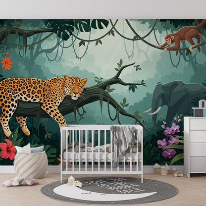 Kids-Mundo jungle wall mural with leopard, monkey and elephant shown in a playroom