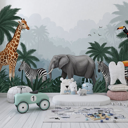 Kids-Mundo jungle safari mural with elephant and toucans in a kids' bedroom wall