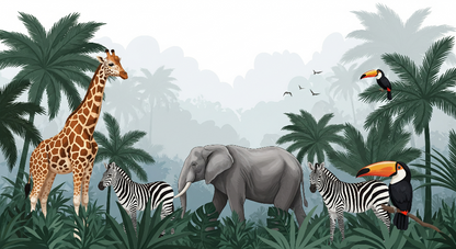 Kids-Mundo illustrated artwork of a misty jungle with giraffe, zebras, elephant and toucans