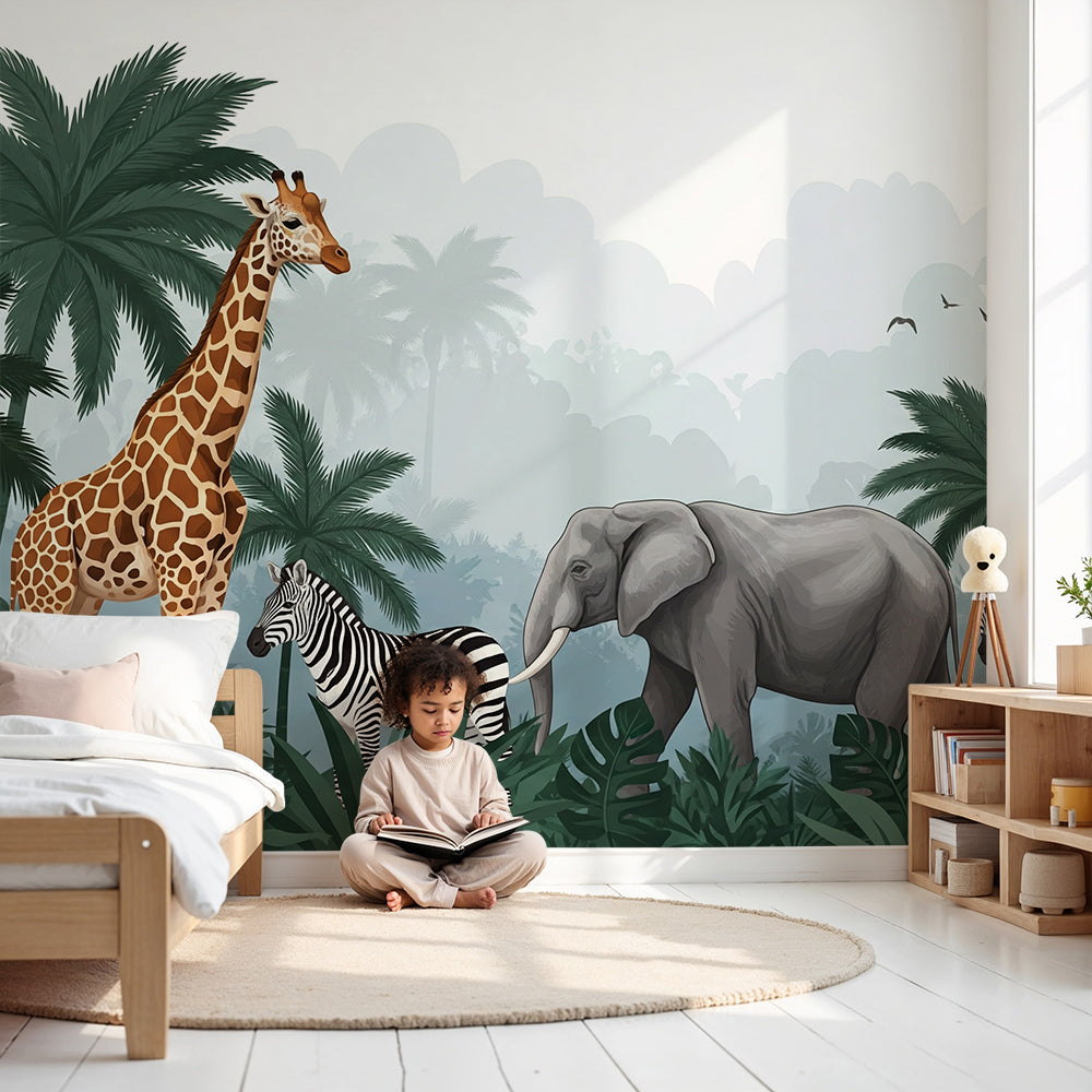 Kids-Mundo misty jungle safari wall mural with giraffe and zebras in a calm nursery