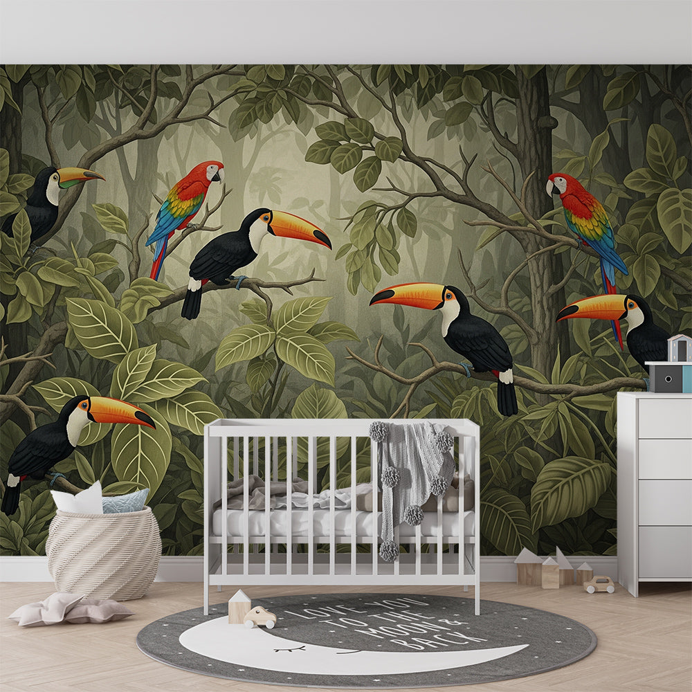 Kids-Mundo misty rainforest wall mural with toucans and macaws in a kids bedroom
