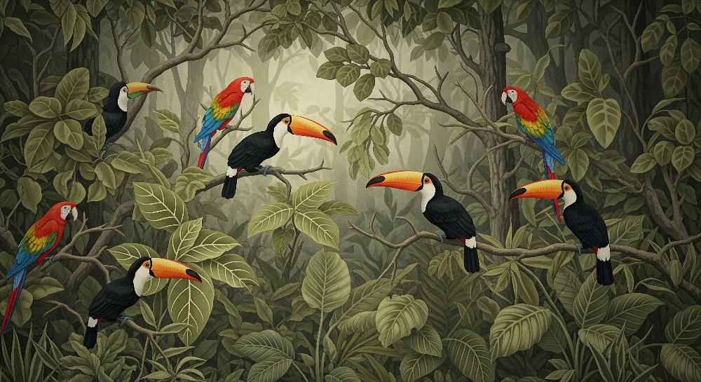 Toucans and Macaws in a Misty Jungle Wall Mural