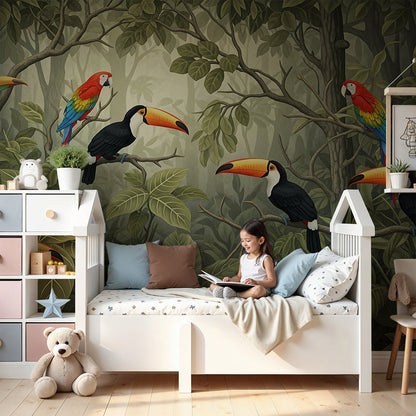 Kids-Mundo misty jungle wall mural with toucans and macaws shown in a nursery