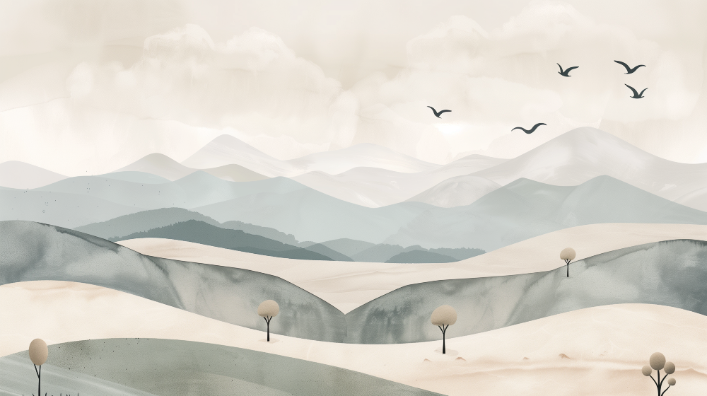 Kids-Mundo flat artwork print of the misty pastel mountain design with birds in flight.