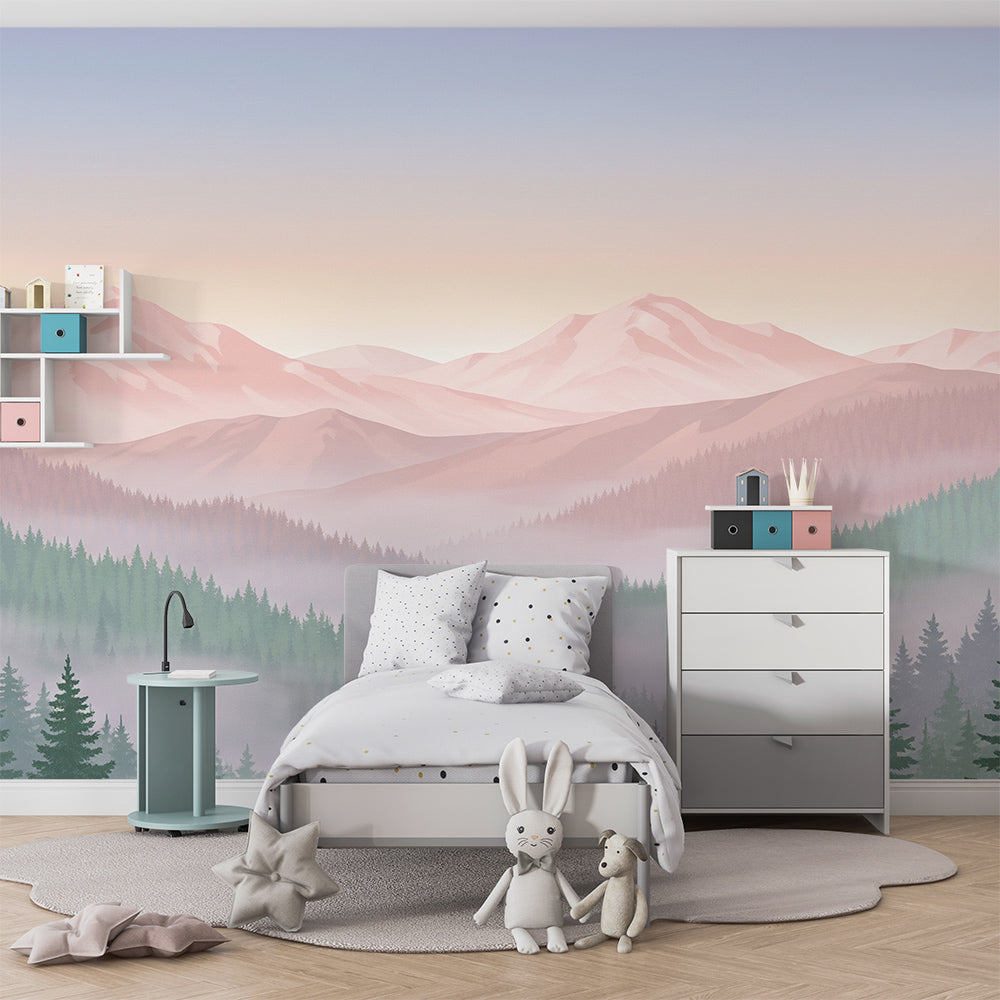 Kids-Mundo misty mountain wall mural in a kids' bedroom with layered pine forest
