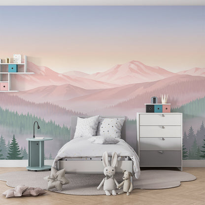 Kids-Mundo misty mountain wall mural in a kids' bedroom with layered pine forest