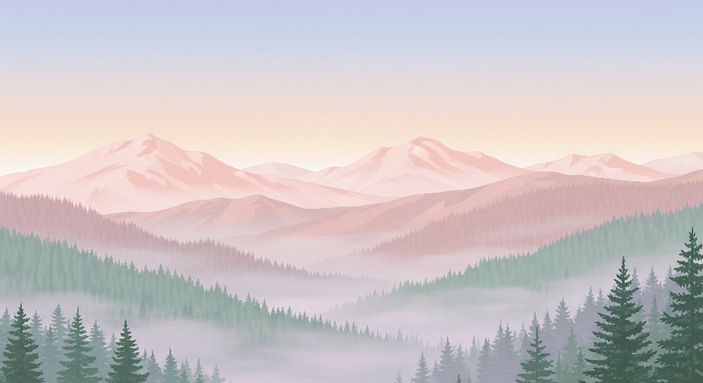 Kids-Mundo flat artwork of layered pink mountains and a green pine forest at dawn