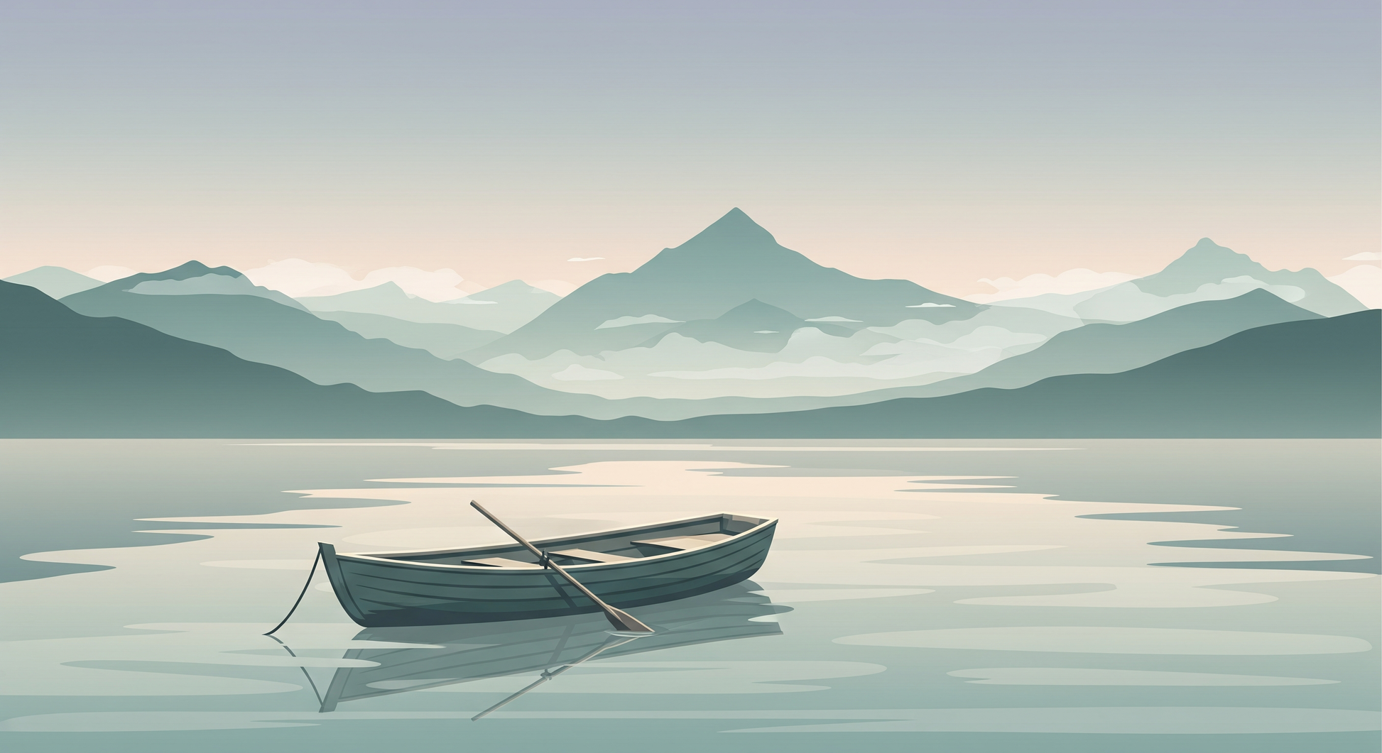 Kids-Mundo flat artwork of a misty mountain lake with a lone wooden rowboat, in soft blue-green tones.