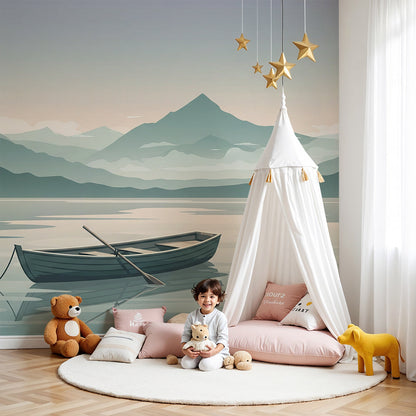 Kids-Mundo mountain lake wall mural with a rowboat, styled as calming made-to-measure wallpaper in a baby's nursery.