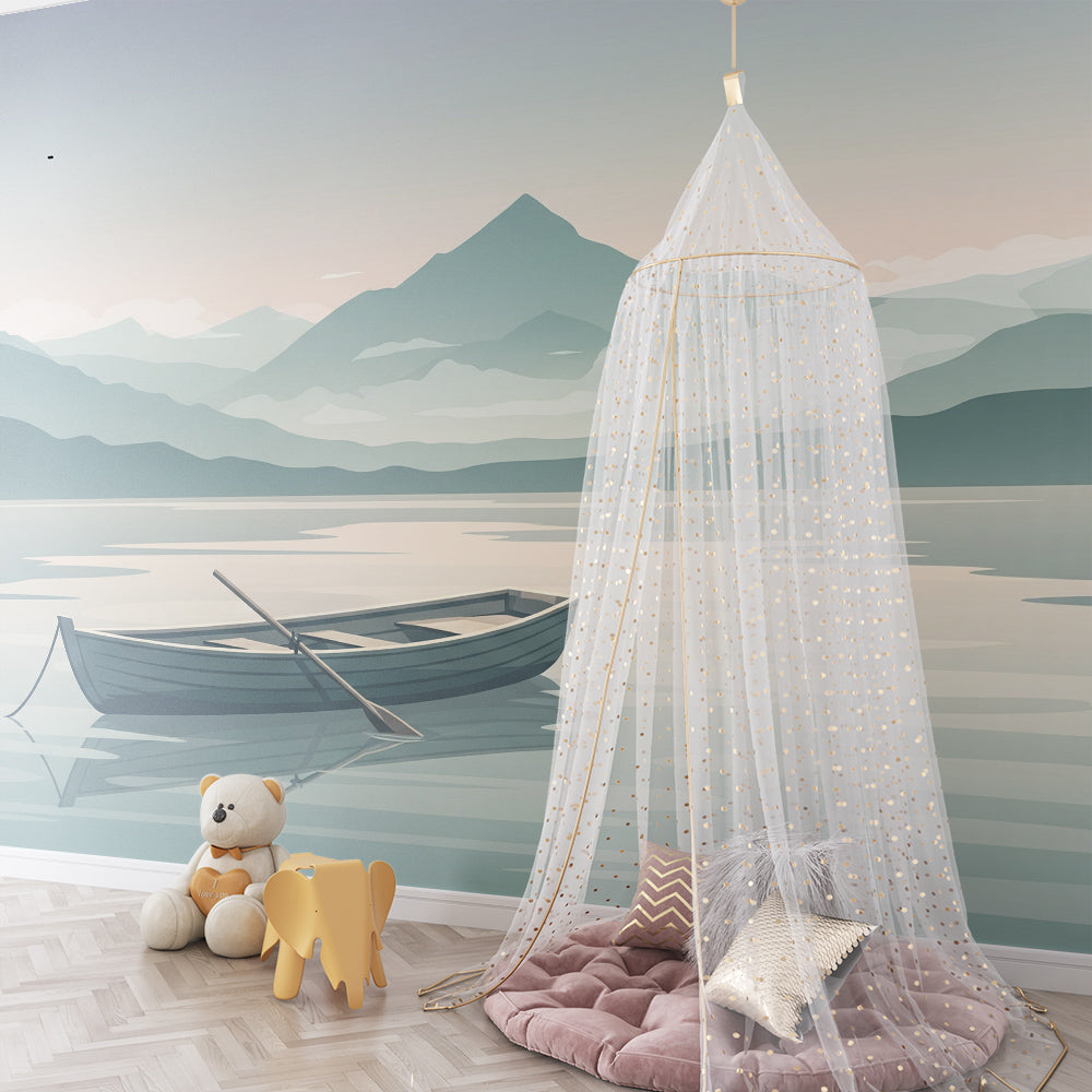 Kids-Mundo mountain lake wall mural in a playroom, a peaceful wooden rowboat scene for made-to-measure wallpaper.