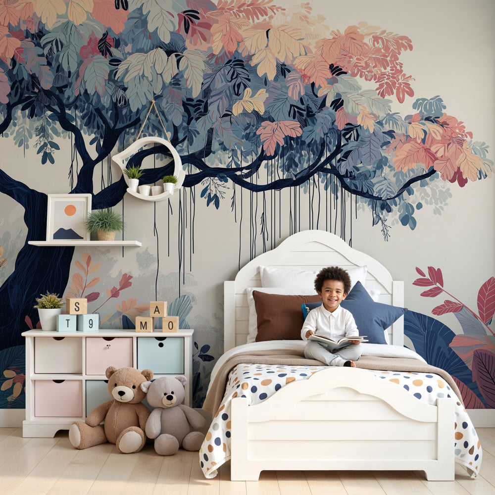 Kids-Mundo misty pastel jungle tree wall mural styled in a calm nursery with soft natural light.