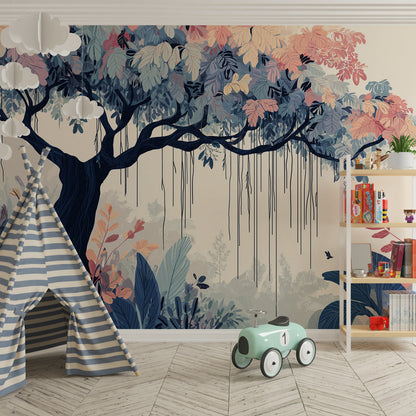 Kids-Mundo misty pastel jungle tree wall mural brightening a playful children's playroom corner.