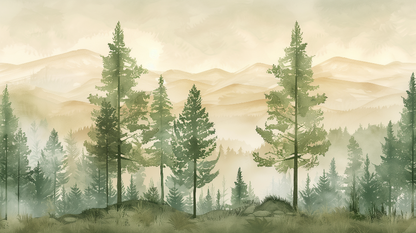 Kids-Mundo flat artwork print of the misty pine forest and mountain design.