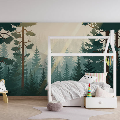 Kids-Mundo enchanted pine forest mural on a feature wall in a children's bedroom