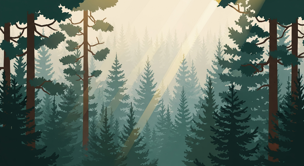 Kids-Mundo flat artwork of a misty pine forest mural design with soft golden sunbeams