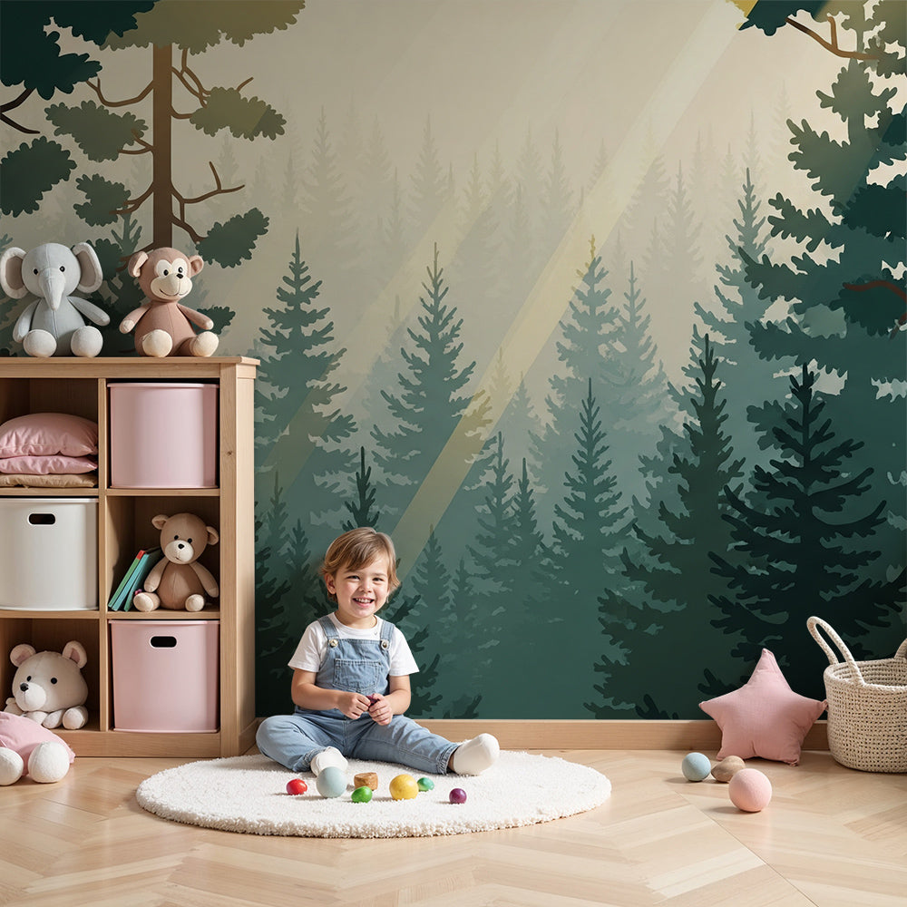 Kids-Mundo pine forest wall mural with golden sunbeams styled in a calm nursery room
