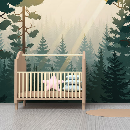 Kids-Mundo sunbeam pine forest wall mural brightening a playful kids' playroom