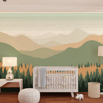 Kids-Mundo misty mountain forest mural brightening a children's playroom wall