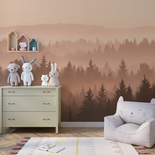 Kids-Mundo forest wall mural bringing golden sunrise tones to a child's bedroom
