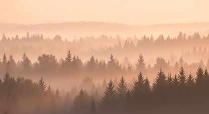 Kids-Mundo flat artwork of a misty pine forest at sunrise in warm terracotta tones
