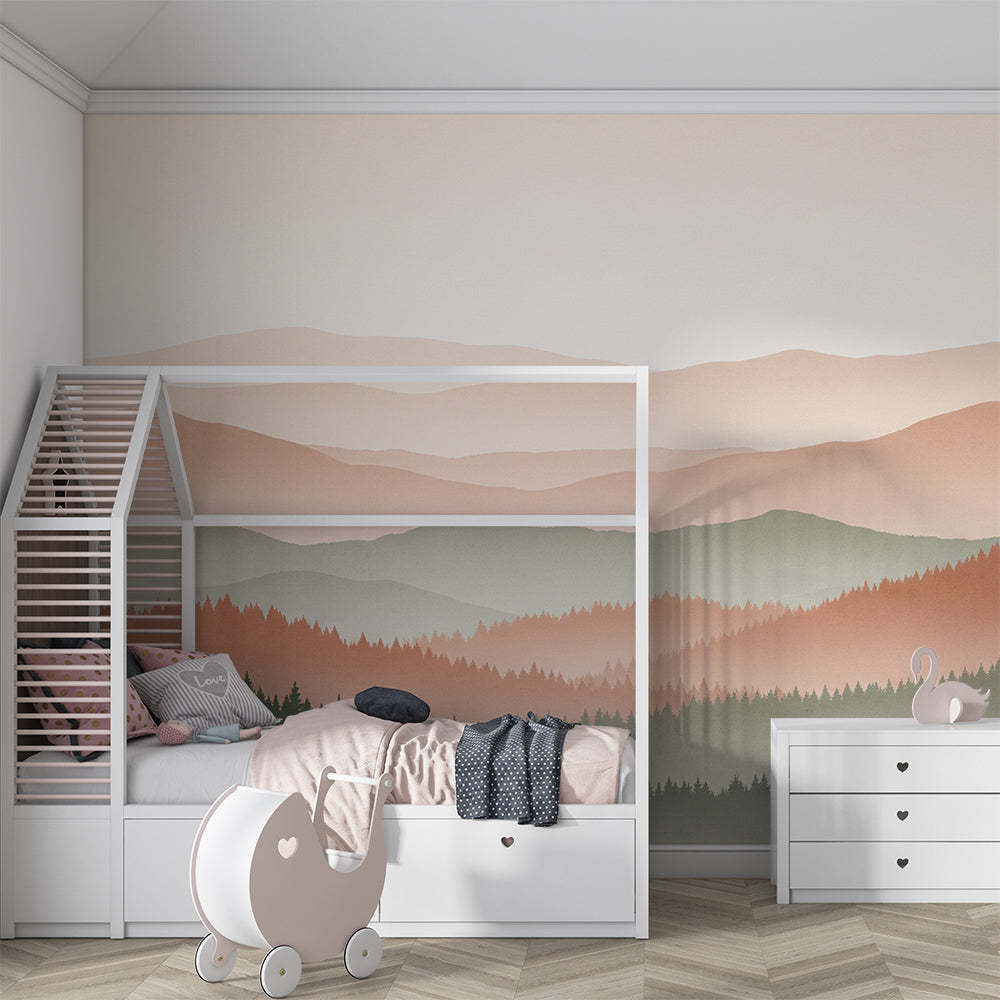 Kids-Mundo mountain landscape wall mural behind a bed in a calm terracotta kids bedroom