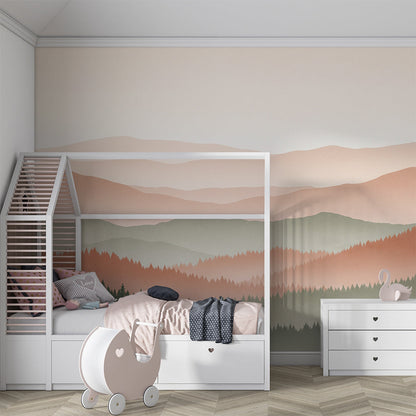 Kids-Mundo mountain landscape wall mural behind a bed in a calm terracotta kids bedroom