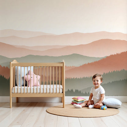 Kids-Mundo misty terracotta mountain wall mural in a warm neutral nursery with a wooden cot