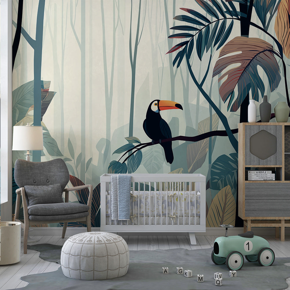 Kids-Mundo toucan forest wall mural in a kids' bedroom, tall misty trees framing the bed against the wall.