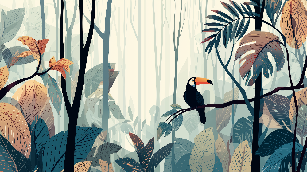 Kids-Mundo flat artwork of a toucan in a misty forest, rust and teal trees fading into soft fog.