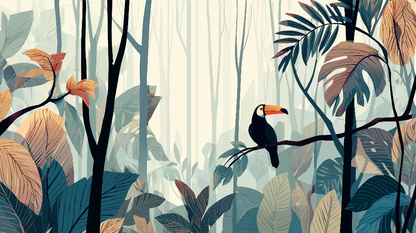 Kids-Mundo flat artwork of a toucan in a misty forest, rust and teal trees fading into soft fog.