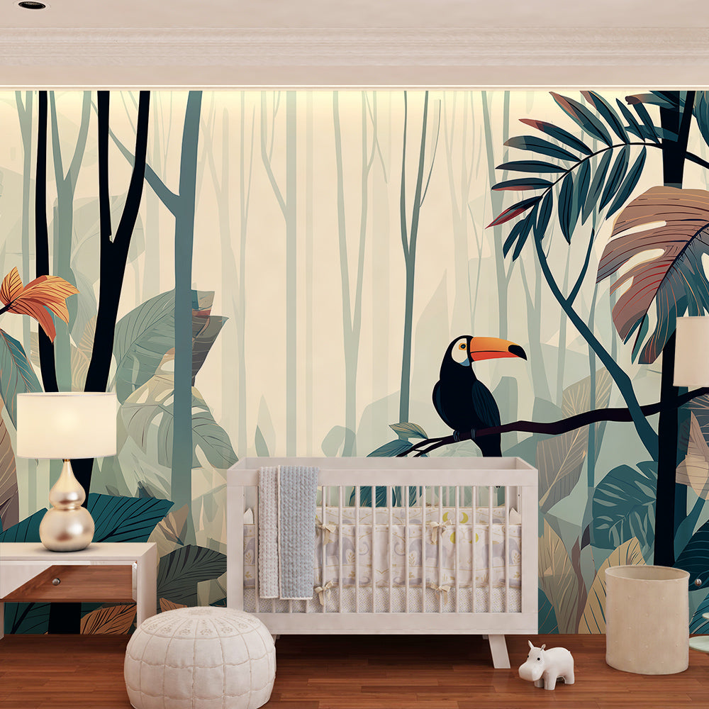 Kids-Mundo misty forest toucan mural in a playroom, deep teal foliage covering the full wall.