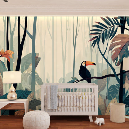 Kids-Mundo misty forest toucan mural in a playroom, deep teal foliage covering the full wall.