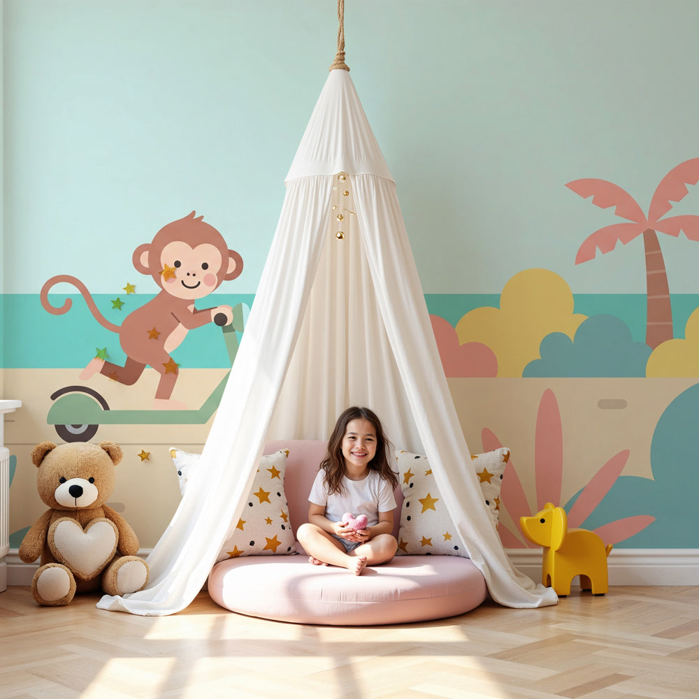 Playful monkey beach mural wallpaper in bright nursery with coastal decor by Kids-Mundo