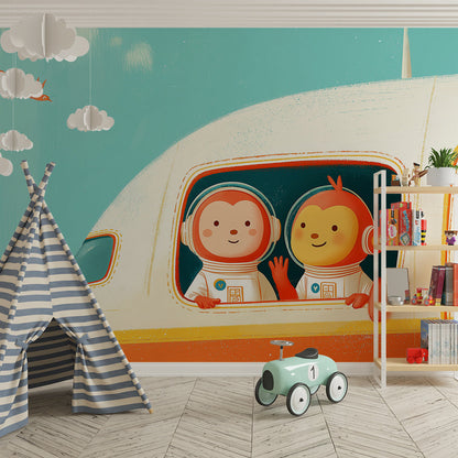 Kids-Mundo astronaut friends wall mural as a feature wall in a shared kids' bedroom.