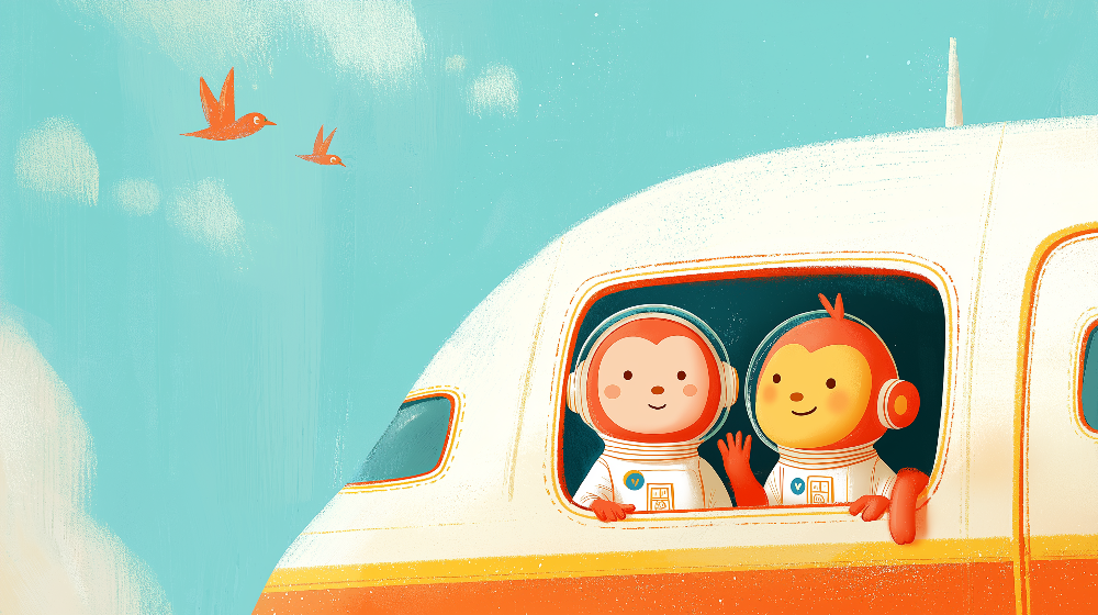 Kids-Mundo flat artwork preview of a monkey and bird astronaut peeking from an aeroplane window.